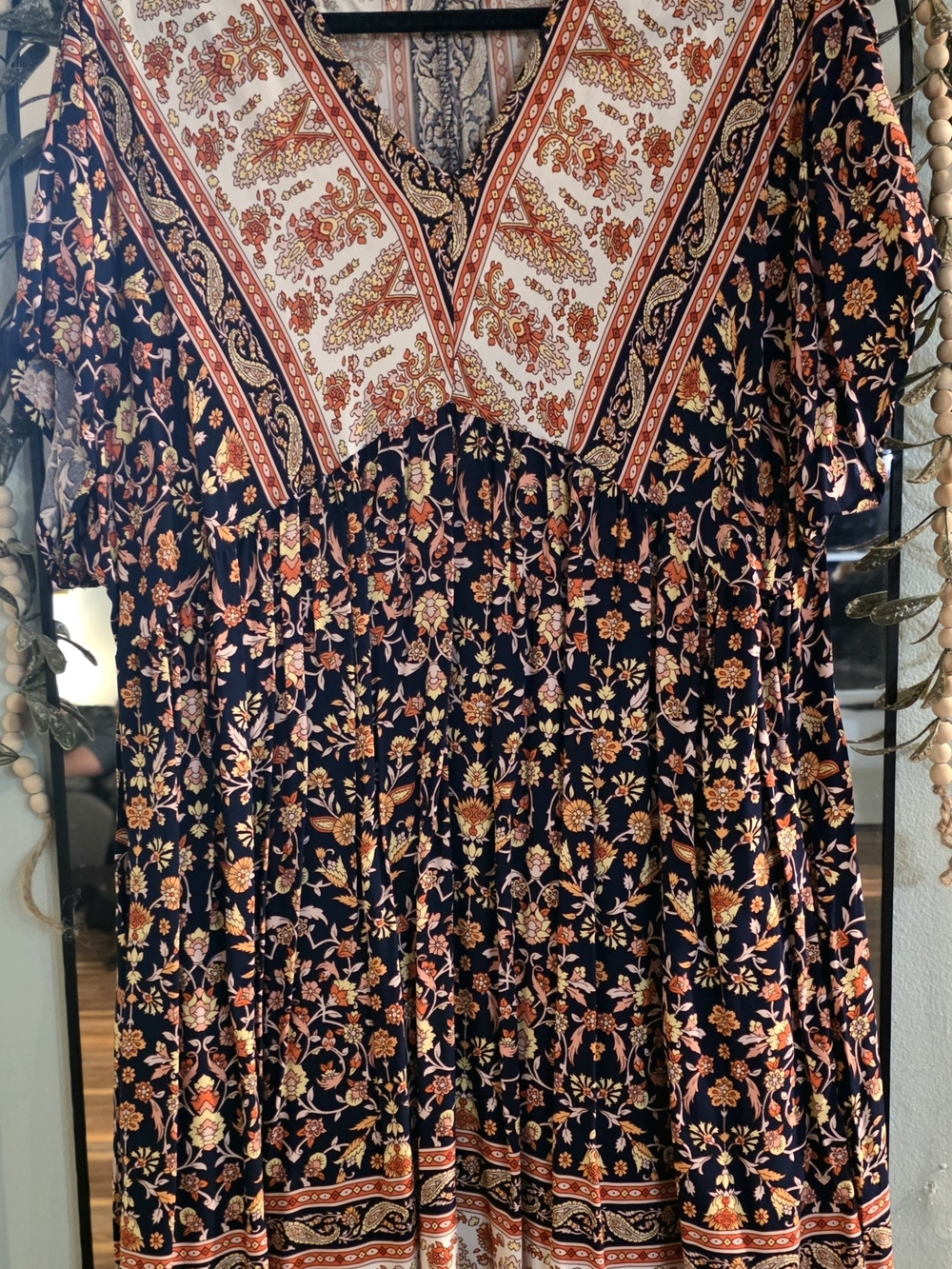 Floral V-Neck Maxi Dress in Black and Rust W/pockets